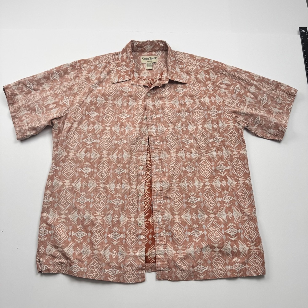 Cooke Street Shirt Mens Large Brown White Hawaiian Fish Print Button Up Cotton